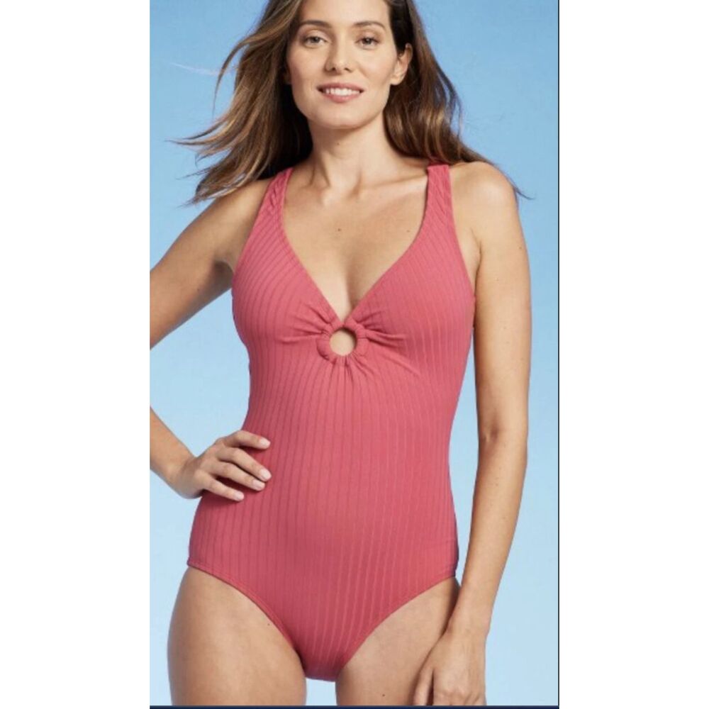 Kona Sol Women's Wide Ribbed Ring Medium Coverage One Piece Swimsuit Pink L